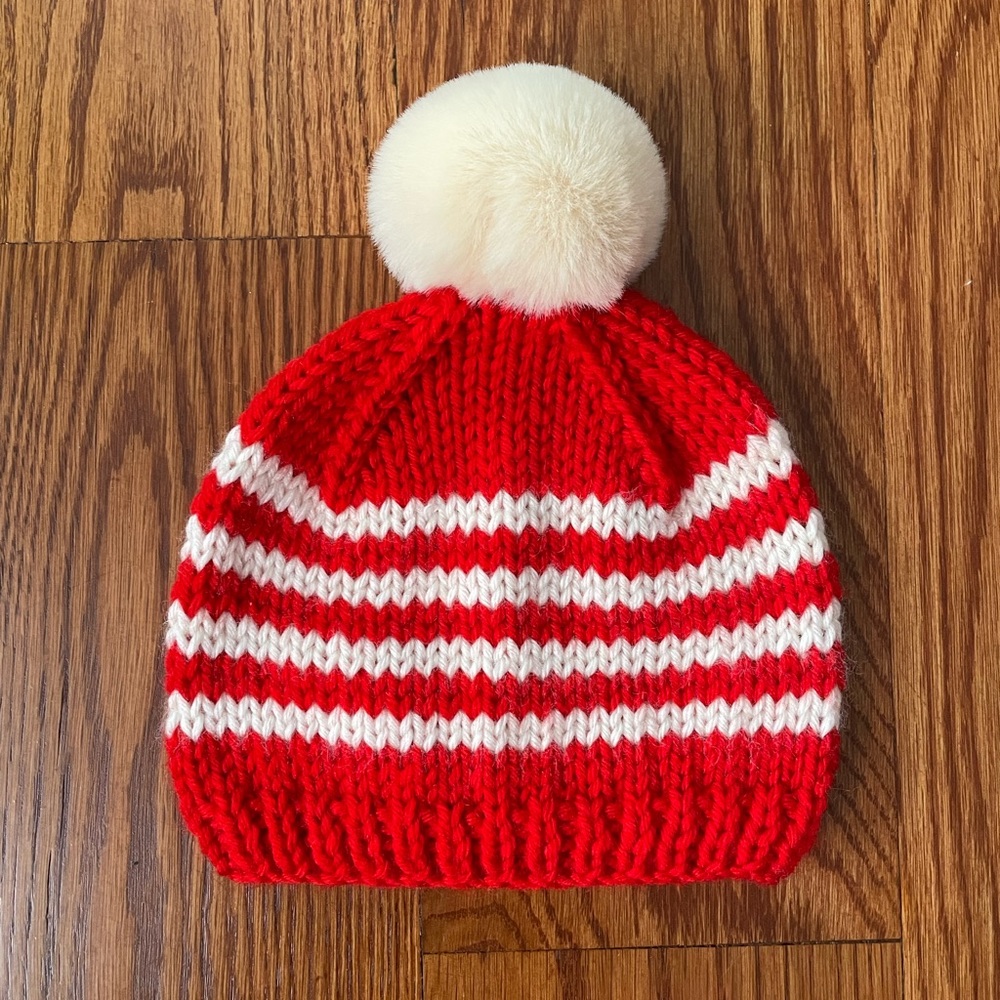 Christmas Handmade Knit Baby Hat with Pom Poms,Red White Chunky Beanie 1-3 Years